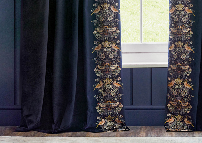 Strawberry Thief Embroidery Pencil Pleat, Indigo - Ready Made Curtains - Image 6